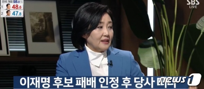 박영선 전 중소벤처기업부 장관은 10일, 새벽 SBS 개표방송에서 이재명 민주당 후보가 패배를 승복한 뒤 귀가하는 모습을 보고 
