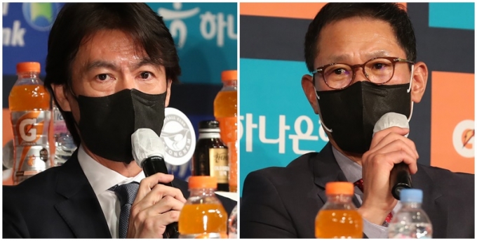 최근 K리그 울산 현대, FC서울 선수단에서 코로나19 확진자가 연이어 나오고 있다. 사진은 2월 K리그1 개막 미디어데이에 참석한 홍명보 울산 감독(왼쪽)과 안익수 서울 감독. /사진=뉴시스