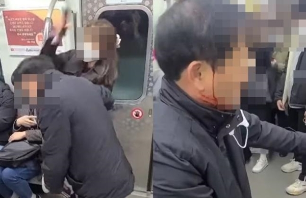 술에 취해 서울지하철에서 휴대폰으로 60대 남성을 가격한 20대 여성이 검찰에 송치된다.사진은 지난 16일 서울 지하철 9호선에서 A씨가 B씨를 폭행하는 모습. /사진=온라인캡처