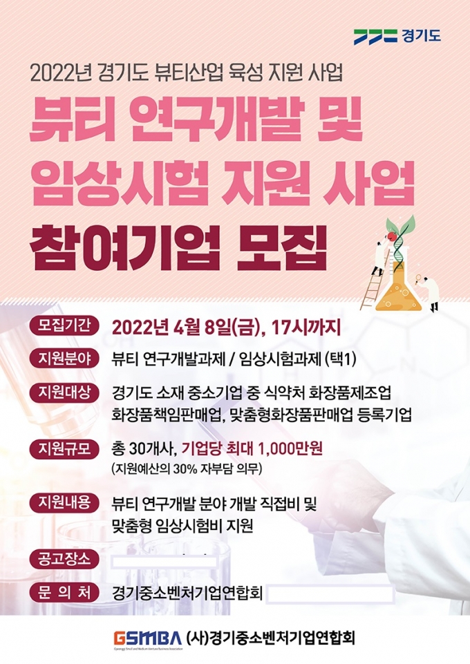 경기도와 경기중소벤처기업연합회가 ‘뷰티 연구개발 및 임상시험 지원사업’의 참여기업을 모집한다고 4일 밝혔다. / 자료제공=경기도