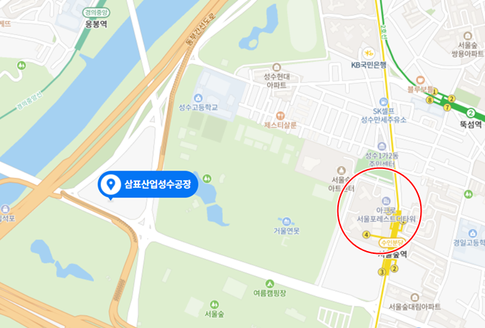 사진은 성수동 공장과 아크로서울포레스트 위치. /사진=네이버지도 캡처