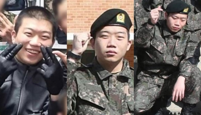 지난달 군에 입대한 래퍼 창모의 훈련소 생활 모습이 공개됐다. 사진은 지난달 입소 1일차 사진(왼쪽)과 2주 뒤 공개된 2장의 사진. /사진=온라인 커뮤니티 캡처