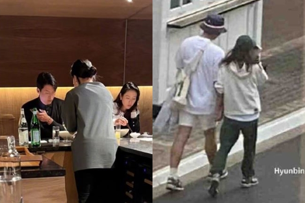 배우 현빈과 손예진이 미국에서 데이트를 즐기는 장면이 포착됐다. 사진은 두 사람이 한 식당의 바 자리에 앉아 식사를 하고 있는 모습(왼쪽)과 캐주얼 차림에 커플 운동화를 신고 거리를 걷고 있는 모습. /사진=웨이보 캡처