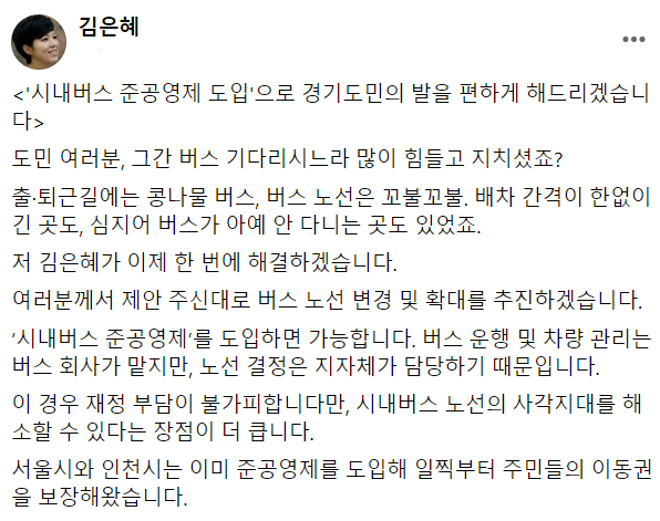 김은혜 국민의힘 경기도지사 후보가 자신의 SNS에 '버스 준공영제'에 대해 올린 글. /사진=김은혜 페이스북 갈무리