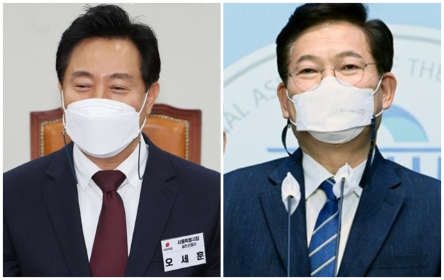 오세훈 서울시장(왼쪽)과 송영길 더불어민주당 서울시장 후보가 최근 SNS상에서 설전을 벌였다. /사진=임한별 기자