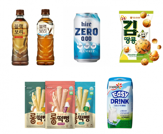 하이트진로음료 '블랙보리', '블랙보리 라이트', '하이트제로0.00', 오리온 '구운김땅콩', 빙그레 '요플레 이지드링크', 아이배냇 '롱떡뻥' (각사 제공)