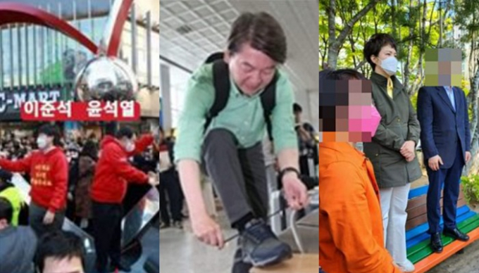 이준석 국민의힘 대표의 비판에 더불어민주당이 국민의힘 측 인사들의 '신발' 사진으로 맞대응했다. 사진 왼쪽부터 조형물 위에 올라간 윤석열 대통령과 이준석 대표, 간이 탁자에 발을 올리고 신발끈을 묶는 안철수 분당갑 후보, 신발을 신고 벤치에 올라간 김은혜 경기도지사 후보. /사진=SNS 갈무리