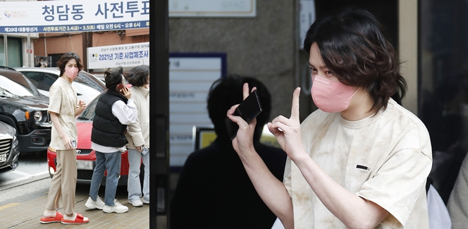 붉은색 계열의 신발과 마스크를 착용했다는 이유로 특정 정당을 지지한다는 주장이 제기됐다. 사진은 이날 서울 강남구 청담사전투표소를 찾은 김희철/사진=뉴스1