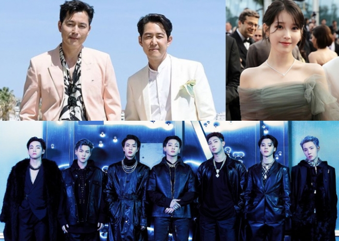 국내외에서 스타들의 활약이 돋보였던 이번 주 연예날씨는 '맑음'이다. 사진은 왼쪽 상단부터 시계방향으로 정우성·이정재, 아이유, 방탄소년단. /사진=이정재·아이유·방탄소년단 인스타그램 갈무리