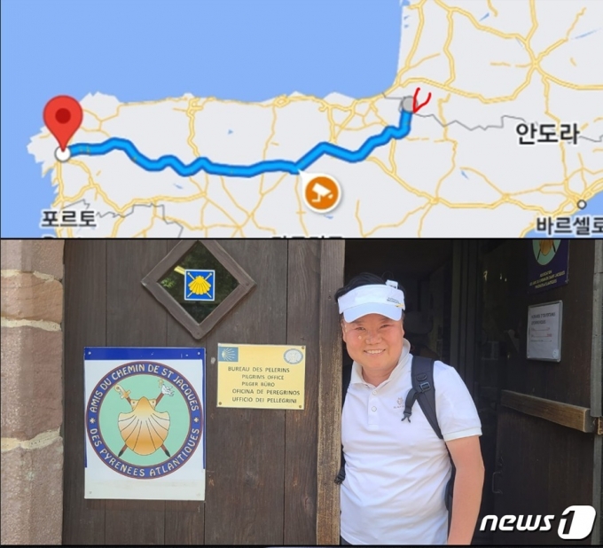 산티아고 순례길 출발지인 프랑스 '생장 피에드 포르'를 떠나기 직전, 김재원 전 국민의힘 최고위원 모습. 김 전 최고는 생장(지도 V표시)에서 산티아고까지 40일간, 800㎞ 순례에 나섰다. (SNS 갈무리) © 뉴스1