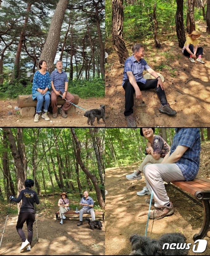 문재인 전 대통령이 부인 김정숙 여사와 경남 양산 평산마을 사저 부근 영축산을 산책하면서 쉬는 모습, 등반객과 대화를 나누는 장면 등을 인스타그램을 통해 소개했다. (SNS 갈무리) © 뉴스1