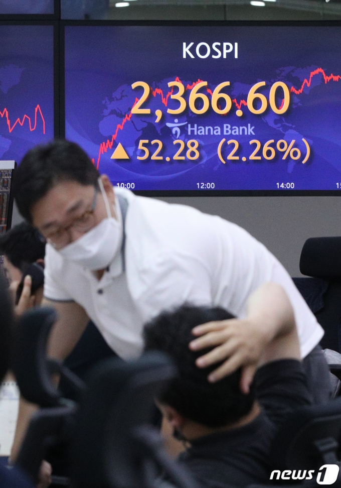 24일 코스피 지수는 전거래일 대비 52.28포인트(2.26%) 오른 2,366.60을, 코스닥 지수는 6.62포인트(2.17%) 상승한 312.07에 장을 마쳤다. 2022.6.24/뉴스1 © News1 신웅수 기자