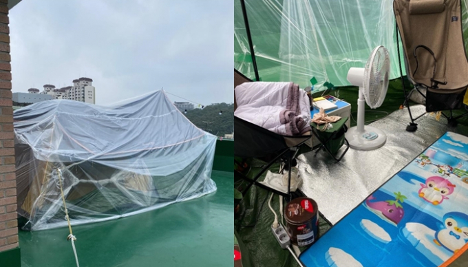입주민이 공용으로 사용하는 빌라 옥상에 텐트를 쳐둔 이웃에 불편함을 호소하는 글이 올라왔다. /사진=온라인 커뮤니티 '보배드림' 갈무리