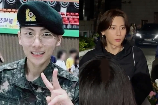 그룹 비스트 출신 가수 장현승이 확 달라진 근황을 전했다. 사진은 군 입대한 장현승과 지난 9일 토크 콘서트를 선보인 뒤 퇴근하는 장현승. /사진=온라인 커뮤니티