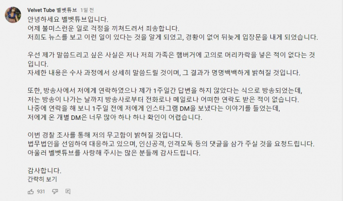 "저나 저희 가족은 (음식에) 고의로 머리카락을 넣은 적이 없다." 사진은 벨벳튜브 측이 본인 유튜브 커뮤니티에 올린 해명글 캡처. /사진=벨벳튜브 유튜브 커뮤니티