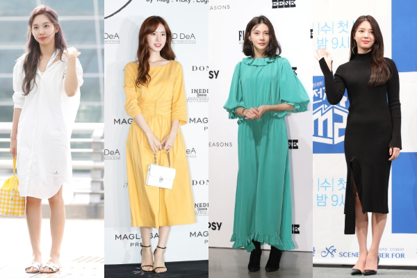  여성스러운 매력을 듬뿍 풍기는 롱원피스는 며느리의 추석패션으로 제격이다. 사진은 왼쪽부터 트와이스 나연, 진세연, 차예련, 엄현경. /사진=뉴스1