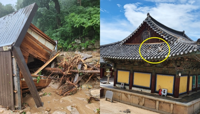 태풍 '힌남노'의 여파로 전국의 문화재가 훼손됐다. 사진은 힌남노로 피해를 본 경주 석굴암 화장실과 불국사의 모습. /사진=뉴스1