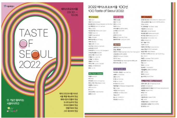 서울시가 국내외 미식 전문가가 추천하는 레스토랑&바 리스트인 '2022 테이스트오브서울(Taste of Seoul) 100선'을 발표했다. (서울시 제공)