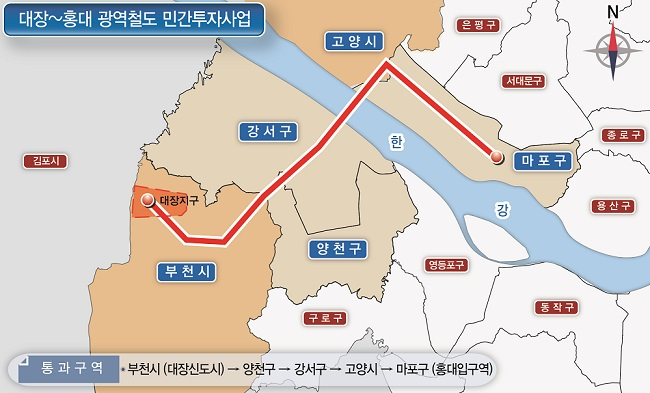 대장-홍대선이 개통되면 대장신도시에서 홍대입구역까지 버스 대비 30분, 승용차 대비 24분이 단축된다. /자료제공=국토교통부