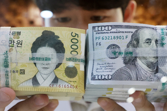 국민연금과 한국은행이 14년만에 100억달러 규모의 통화스와프를 실시한다. 사진은 서울 중구 하나은행 위변조대응센터에서 직원이 원화와 달러화를 정리하는 모습./사진=뉴스1