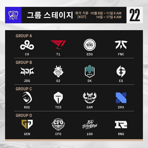 오는 8일부터는 2022 롤드컵 본선 그룹 스테이지가 펼쳐진다. 사진은 LCK 공식 인스타그램에 올라온  롤드컵 본선 조 현황. /사진=LCK 공식 인스타그램
