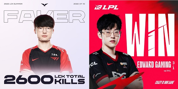 T1과 EDG가 롤드컵 무대에서 맞대결을 펼친다. 사진은 LCK·LPL 공식 인스타그램에 올라온 T1 미드 이상혁(페이커·왼쪽)과 EDG 미드 이예찬(스카웃)의 사진. /사진=LCK·LPL 공식 인스타그램