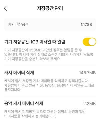 카카오톡 '캐시 데이터 삭제'만으로도 저장공간 확보가 가능하다. /사진=송은정 기자