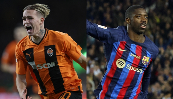 유럽축구연맹(UEFA) 챔피언스리그에서 가장 빠른 선수 10명 중에 손흥민과 김민재는 포함되지 않았다. 사진은 영국 매체 더 선 선정 가장 빠른 선수로 뽑힌 미하일로 무드리크와 우스만 뎀벨레. /사진=로이터