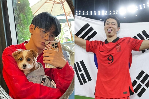 그룹 워너원 출신 가수 윤지성이 국가대표 축구선수 조규성과 닮았다는 말에 '영광'이라고 표했다. /사진=윤지성·조규성 인스타그램