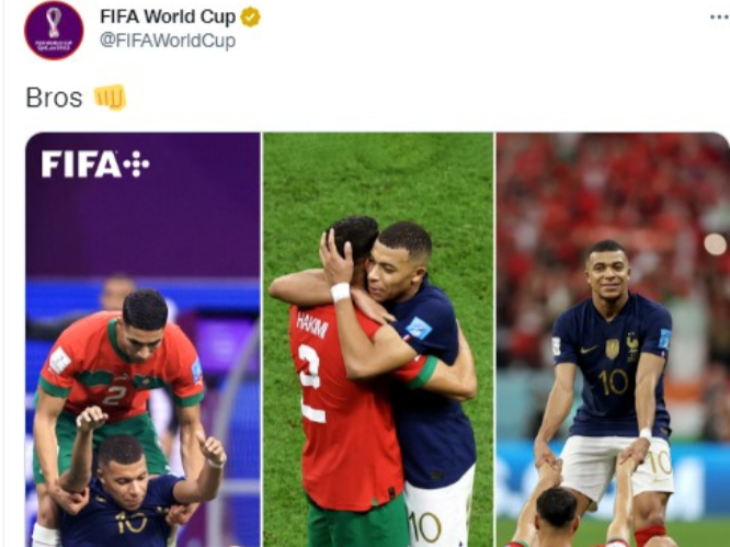 킬리안 음바페가 소속팀 파리 생제르맹(PSG) 동료 아슈라프 하키미와 뜨거운 포옹을 했다. 사진은 15일(한국시각) FIFA 공식 트위터가 음바페와 하키미가 경기의 승부에도 '브로맨스'를 나눴다며 올린 사진. /사진=FIFA 공식 트위터