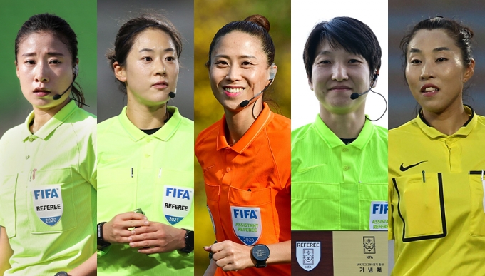 2023 국제축구연맹(FIFA) 호주·뉴질랜드 여자 월드컵에 참가하는 오현정, 김유정, 김경민, 이슬기, 박미숙 심판(완쪽부터). (대한축구협회 제공)