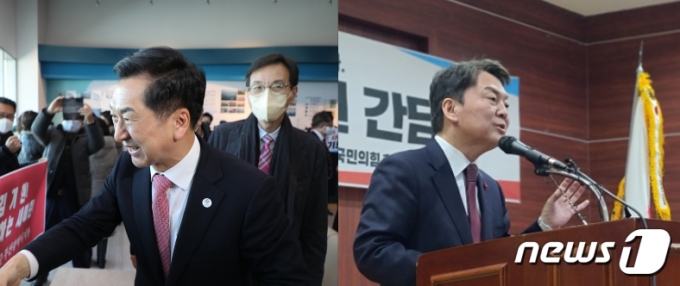27일 오후 부산 동구 부산항국제전시컨벤션센터 북항 홍보관에서 당원과 인사를 나누고 있는 김기현 국민의힘 의원(왼쪽)과 충남 천안 국민의힘 충남도당에서 열린 당원 간담회에서 발언을 하고 있는 안철수 국민의힘 의원(오른쪽)