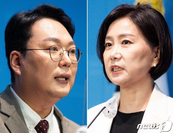 천하람 국민의힘 전남 순천갑 당협위원장(왼쪽)과 허은아 의원이 3일 서울 여의도 국회 소통관에서 각각 3·8 전당대회 당대표, 최고위원 출마를 선언하고 있다. 2023.2.3/뉴스1 ⓒ News1 유승관 기자