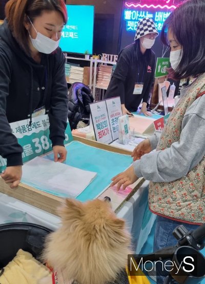 빨아 쓰는 반영구 배변 패드를 판매하는 '루플리 에코패드' 부스에서 배변 패드에 직접 물을 뿌려봤다. /사진=김문수 기자 
