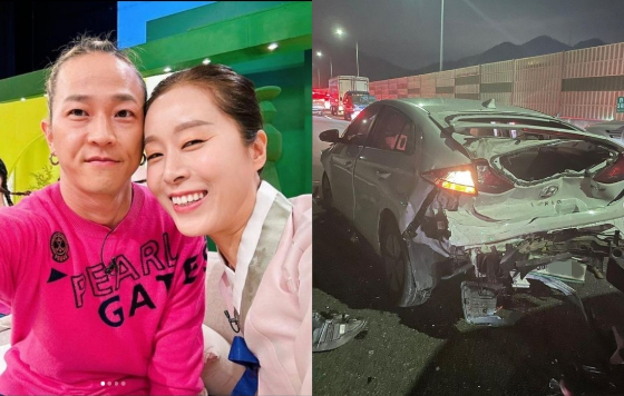  팝핀현준과 박애리(좌), 사고가 난 차량(우) /사진=뉴시스(팝핀현준 SNS)