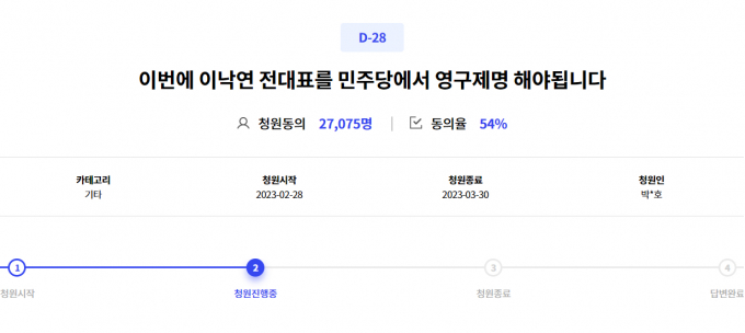 이재명 더불어민주당 대표의 강성 지지층인 '개딸'(개혁의 딸)이 이낙연 전 대표의 영구 제명을 요청하는 등 비명계 몰아내기에 나섰다. 사진은 2일 오전 11시42분 기준 2만7075명의 동의를 얻은 이낙연 전 대표의 영구 제명 청원. /사진=민주당 청원시스템인 국민응답센터