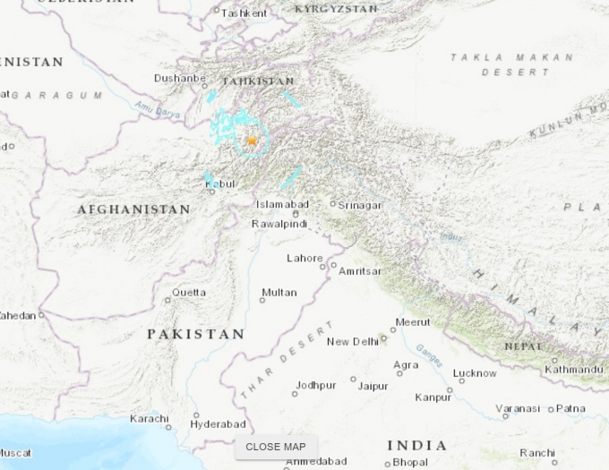 21일(현지시간) 오후 아프가니스탄 북부 힌두쿠시 산맥에서 발생한 규모 6.8 지진 위치. (미국지질조사국 화면 갈무리)