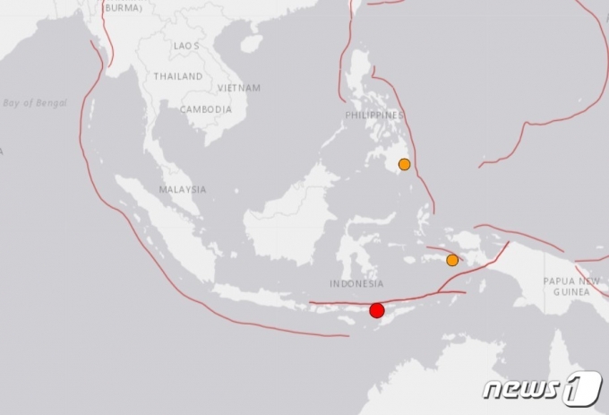 인도네시아 플로레스섬 북부 마우메레 인근에서 23일(현지시간) 04시23분(한국시간 06시23분) 규모 5.1의 지진이 발생했다.(미 지질조사국 홈페이지 갈무리).