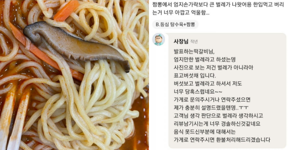 배달 주문한 짬뽕 속 표고버섯채를 벌레로 오해하고 별점 1점을 준 고객 리뷰에 식당 주인이 황당함을 토로했다. /사진=네이버 카페 '아프니까 사장이다' 캡처 