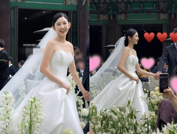  최근 온라인에 박지현의 결혼식에 초대를 받은 이들의 인증 사진이 올라왔다. 박지현이 웨딩드레스를 입고있는 모습. /사진=OSEN
