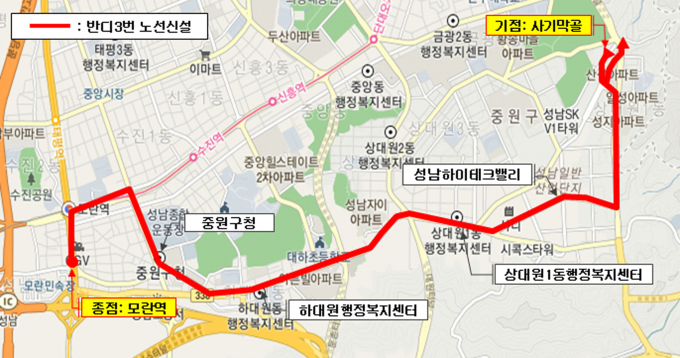 성남시 반디버스 3번(성남하이테크밸리↔모란역) 노선 신설도. / 자료제공=성남시