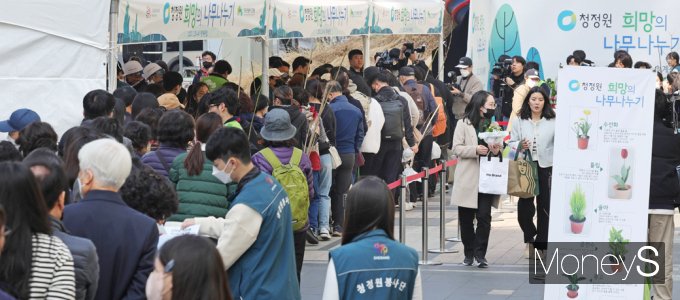 [머니S포토] 희망의 나무 나누기…길게 늘어선 줄