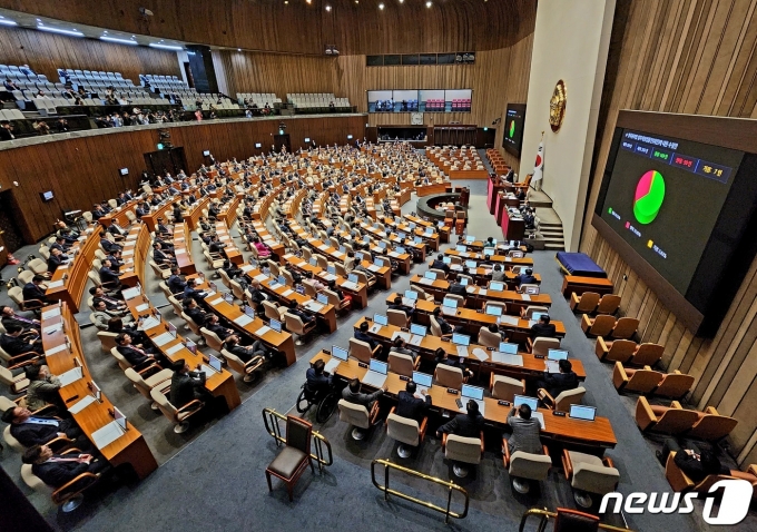 23일 서울 여의도 국회에서 열린 제404회 국회(임시회) 제1차 본회의에서 양곡관리법 일부개정법률안(대안)에 대한 수정안이 재석 266인, 찬성 169인, 반대 90인, 기권 7인으로 가결되고 있다./뉴스1 ⓒ News1 유승관 기자