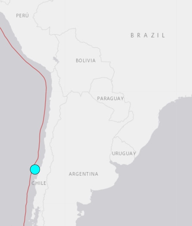 30일(현지시간) 칠레 마울레 해안 마을에서 규모 6.3의 지진이 발생했다. 미국 지질조사국(USGS) 캡쳐