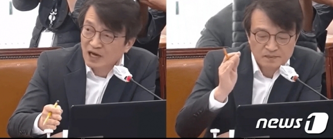지난 27일 국회 법사위에서 김의겸 더불어민주당 의원이  한동훈 법무부 장관의 답을 끊으려 