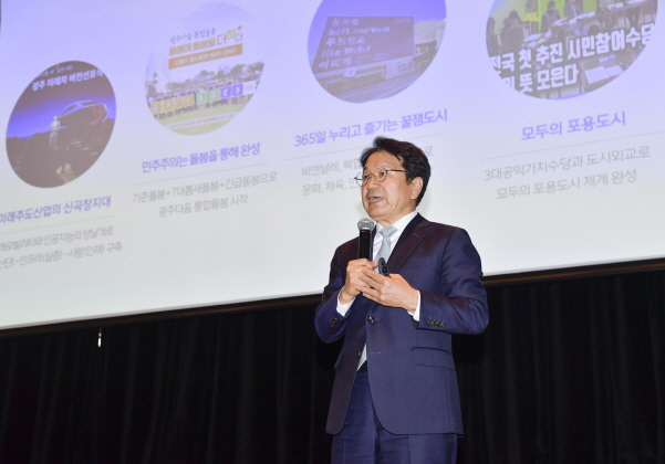 강기정 광주광역시장이 30일 서구 홀리데이인 광주호텔에서 대한민국시도지사협의회 주최로 열린 '2023 시도·시군구 국제관계 실무담당관 연례회의'에 참석해 '포용도시 광주'를 주제로 강연을 하고 있다./사진==광주시 