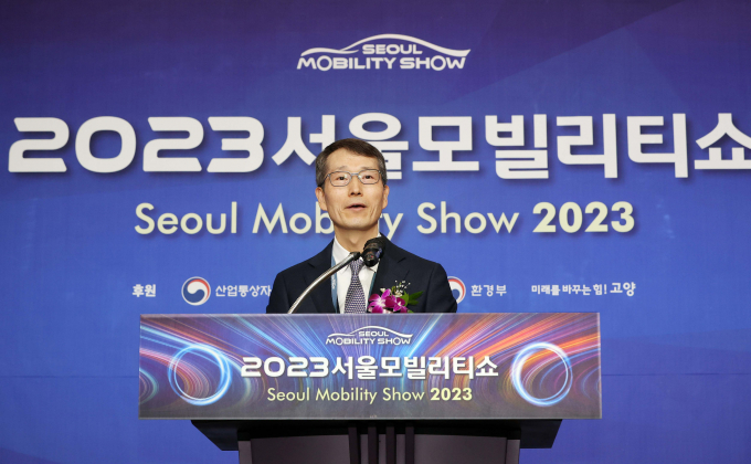 경기도 고양시 킨텍스에서 열린 2023서울모빌리티쇼 개막식에서 강남훈 서울모빌리티쇼조직위원장이 개회사를 하고 있다. /사진제공=서울모빌리티쇼조직위원회