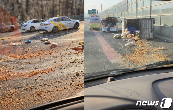 2일 오전 7시 30분쯤 경부고속도로 부산 방향 금토분기점 근처에서 1톤 음식물쓰레기 운반 차량이 넘어지는 사고가 발생했다. (보배드림 갈무리)