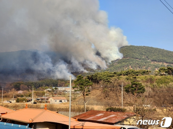 2일 오후 충남 홍성군 서부면 중리 능동저수지 인근 야산에서 화재가 발생해 검은 연기가 치솟고 있다. 2023.4.2. /뉴스1 ⓒ News1 이찬선 기자