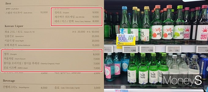 주류 가격의 인상으로 부담을 느낀 20대 사이에서 음주 문화가 변화하는 모양새다. 사진은 주류 가격이 7000~9000원으로 기재된 식당의 메뉴판(왼쪽)과 2000~3000원으로 판매되는 마트 진열대에 놓인 주류. /사진=서진주 기자